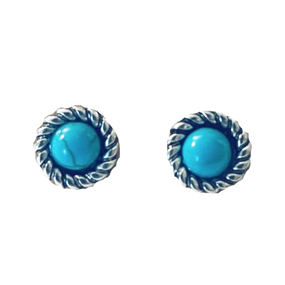 Artisan Jewelry - New Natural Polished Turquoise S925 Sterling Silver Handmade Boho Stud Earrings